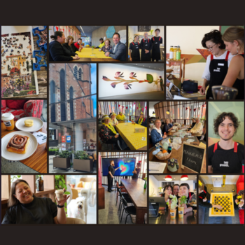 A collage of Holy Grounds café scenes including staff, customers, food, interior spaces and community gatherings